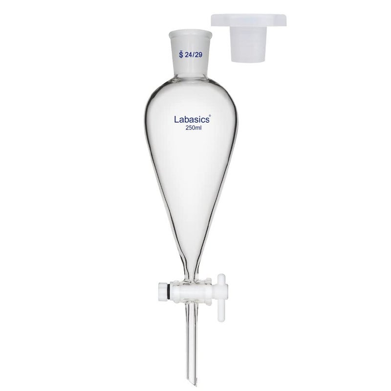Labasics Conical Separatory Funnel, 250 ml Heavy Wall Borosilicate Glass Separating Funnel with 24/29 Joints and PTFE Stopcock - Image 1